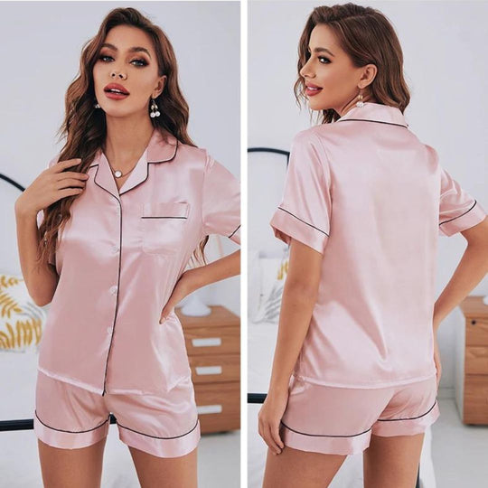 Dames Pyjama Set Satijnen Casual Met Kraag En Elastische Tailleband 2