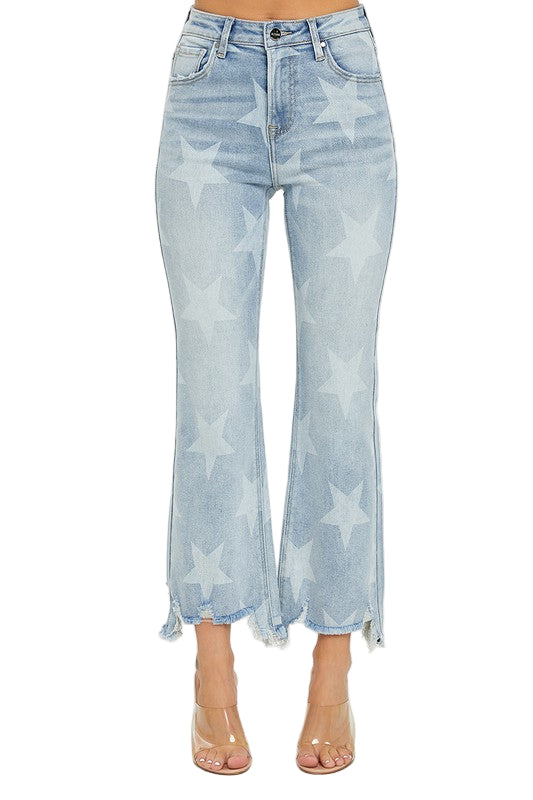 Dames Rechte Jeans met Sterrenprint en Hoge Taille van Licht Denim 0