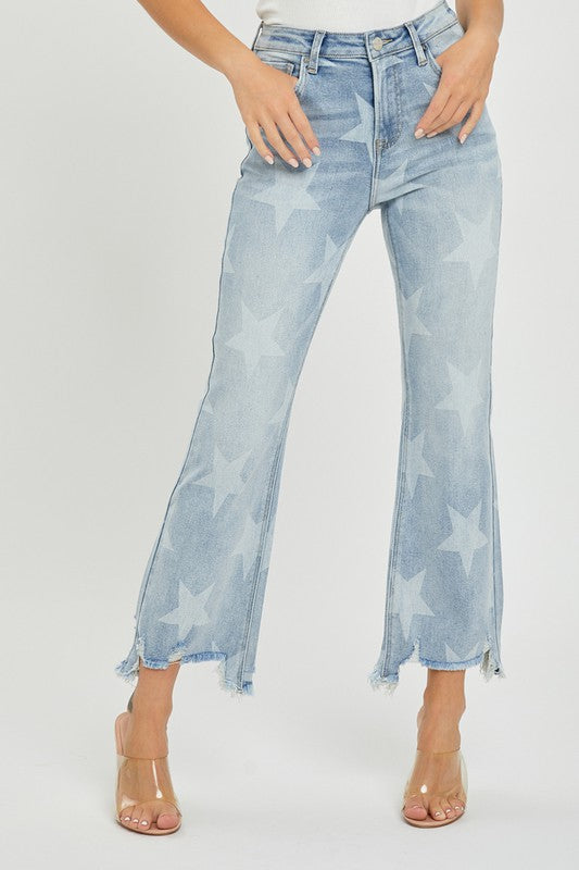 Dames Rechte Jeans met Sterrenprint en Hoge Taille van Licht Denim 1