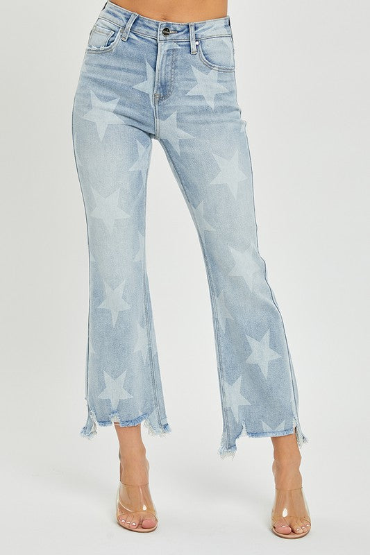 Dames Rechte Jeans met Sterrenprint en Hoge Taille van Licht Denim 2