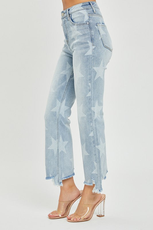 Dames Rechte Jeans met Sterrenprint en Hoge Taille van Licht Denim 3