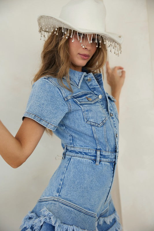 Dames Romper Denim Met Knopen en Franje 5