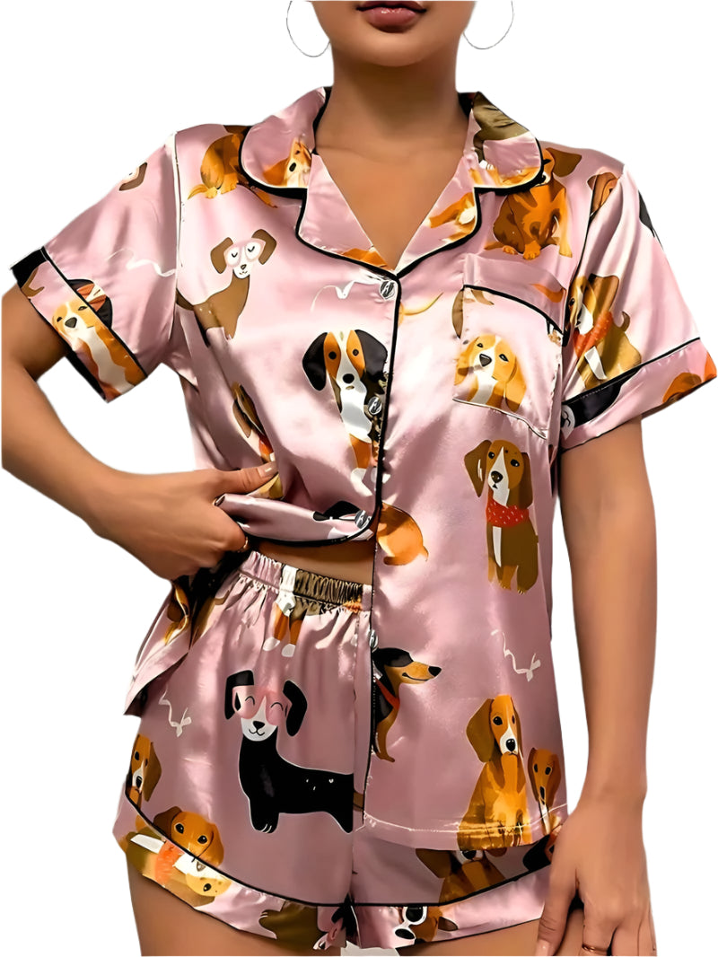 Dames Satijnen Pyjama Set met Puppyprint 0