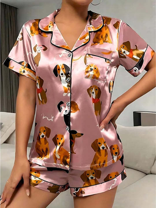 Dames Satijnen Pyjama Set met Puppyprint 1