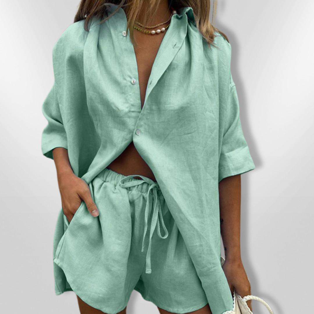 Dames Set Comfy Oversized Katoen Hemd en Short 0