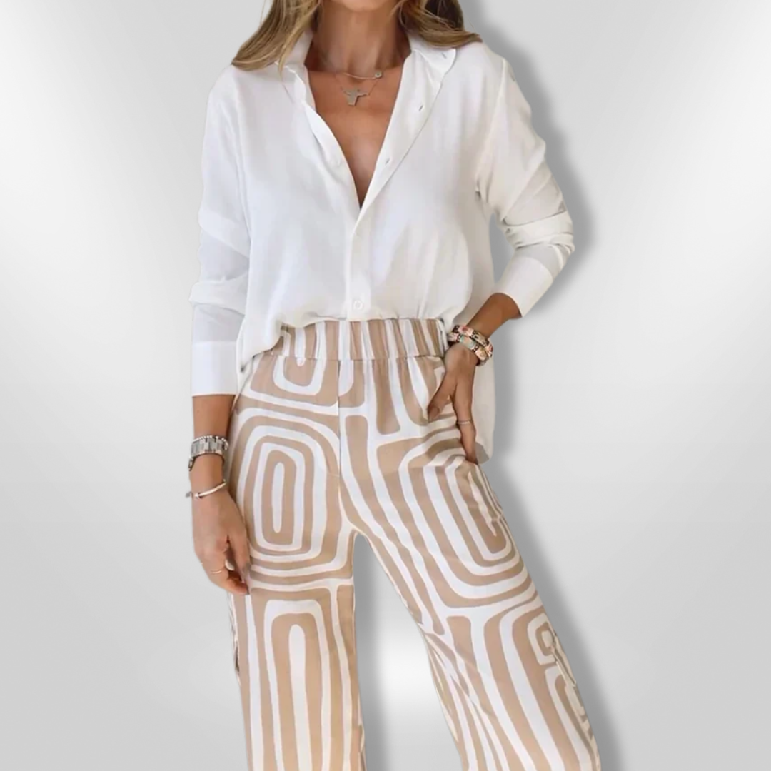 Dames Set Met Witte Blouse en Geometrisch Geprinte Broek 2