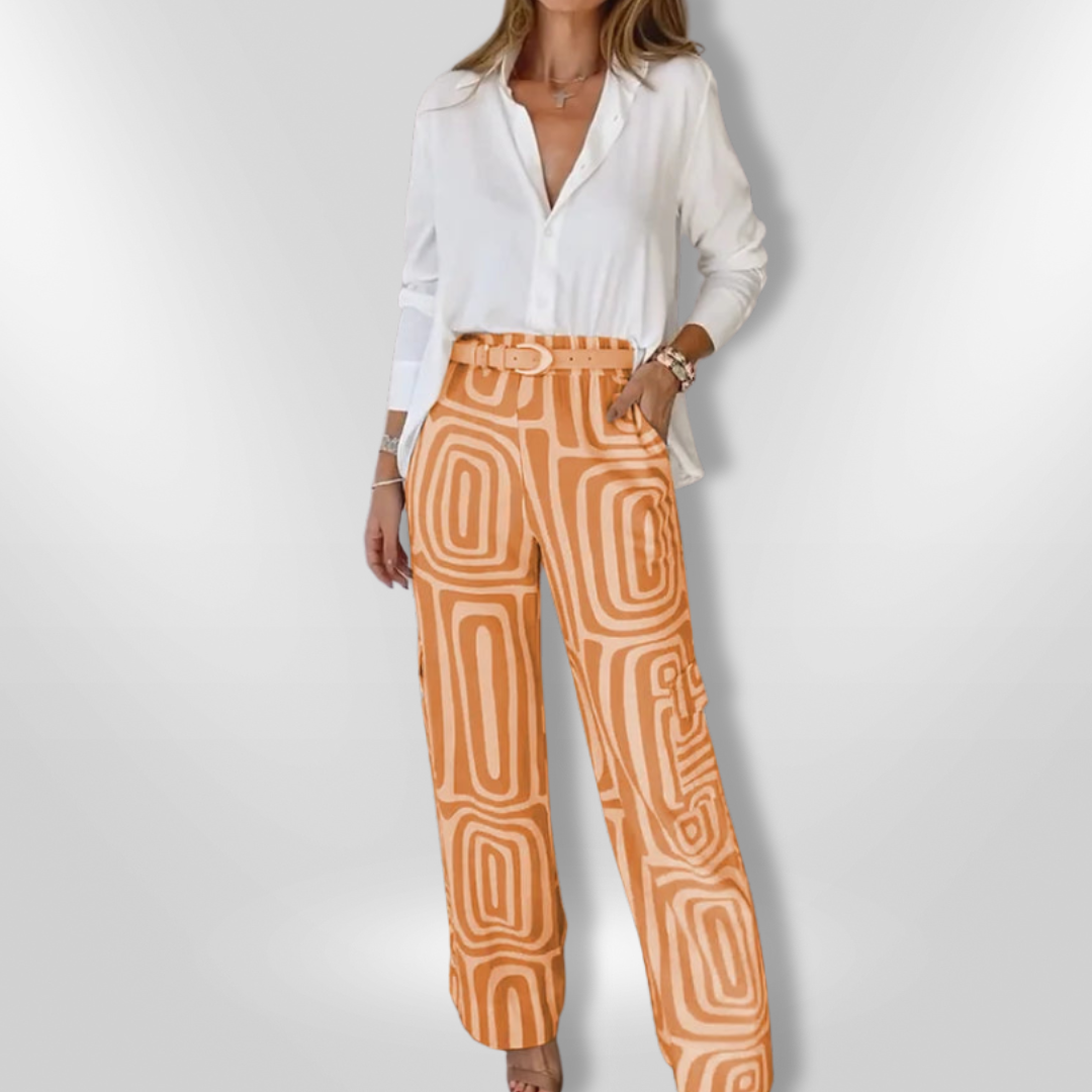 Dames Set Met Witte Blouse en Geometrisch Geprinte Broek 5