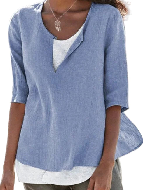 Dames Shirt V-Ausschnitt 3/4 Mouwen Katoen 0