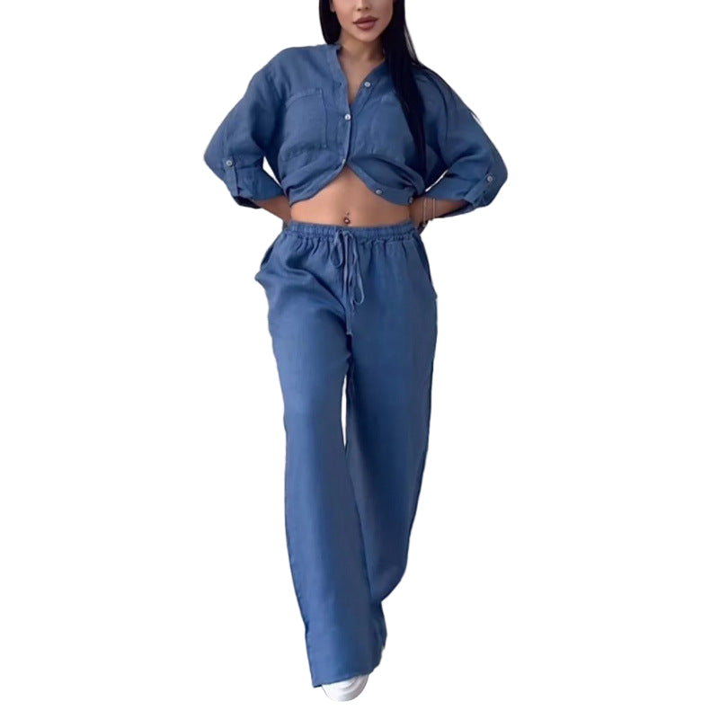 Dames Shirt en Broek Set – Linnenmix – Relaxed Fit – Wijde Pijpen – Knopsluiting Top 0