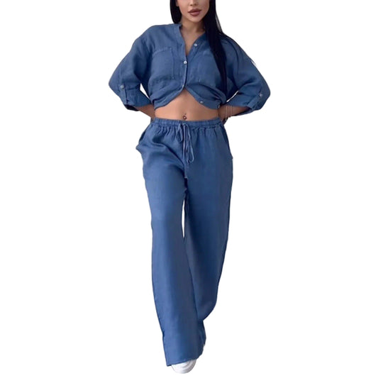 Dames Shirt en Broek Set – Linnenmix – Relaxed Fit – Wijde Pijpen – Knopsluiting Top 0