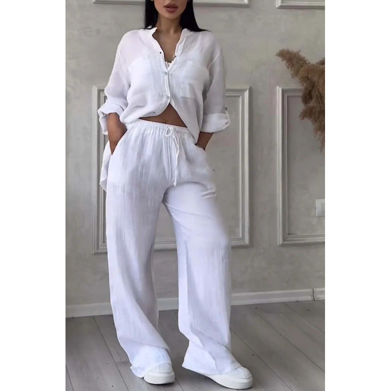 Dames Shirt en Broek Set – Linnenmix – Relaxed Fit – Wijde Pijpen – Knopsluiting Top 10