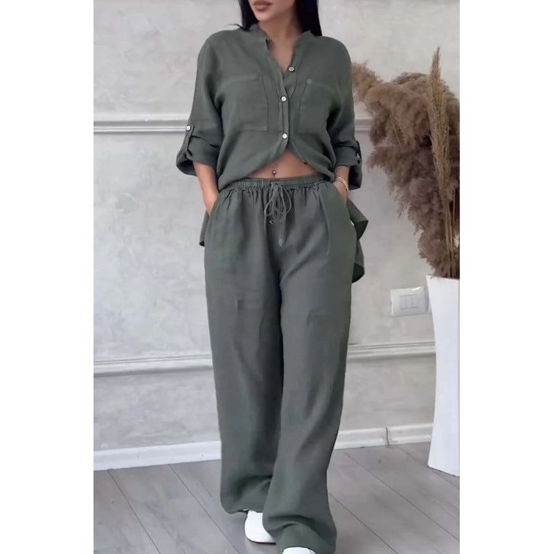 Dames Shirt en Broek Set – Linnenmix – Relaxed Fit – Wijde Pijpen – Knopsluiting Top 11