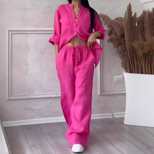 Dames Shirt en Broek Set – Linnenmix – Relaxed Fit – Wijde Pijpen – Knopsluiting Top 3