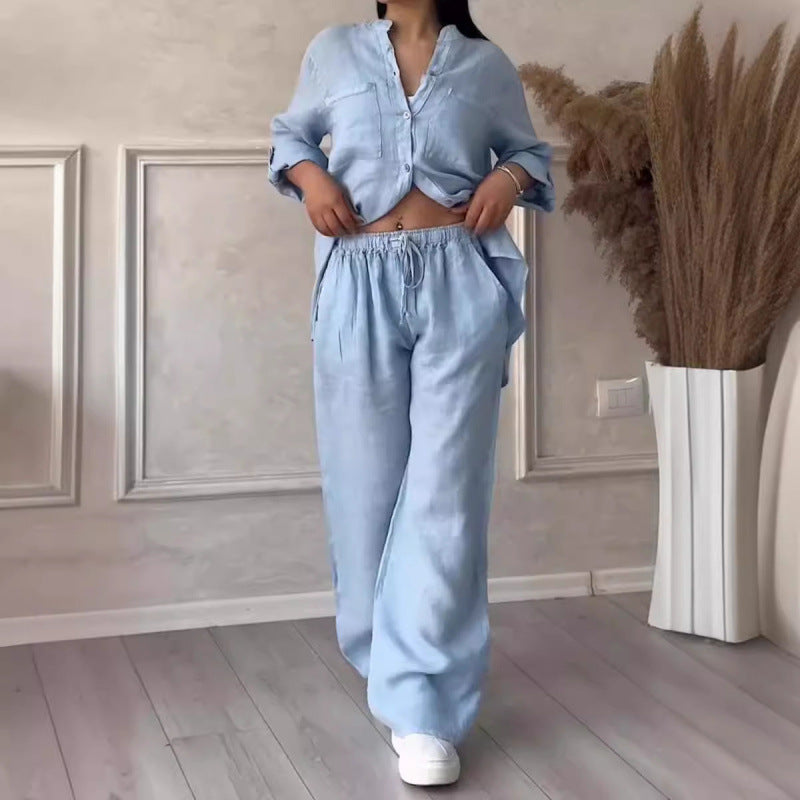 Dames Shirt en Broek Set – Linnenmix – Relaxed Fit – Wijde Pijpen – Knopsluiting Top 4