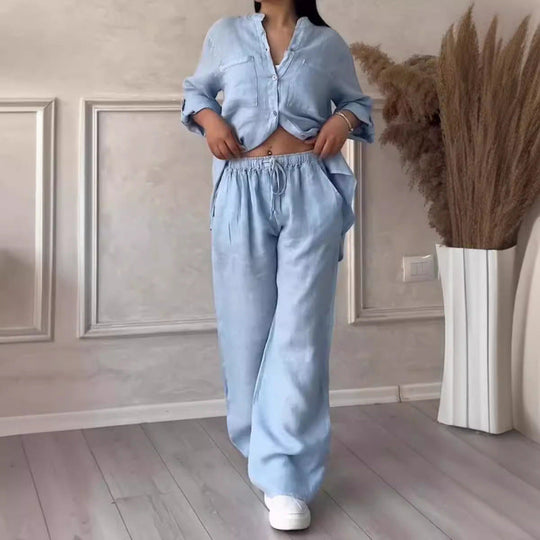 Dames Shirt en Broek Set – Linnenmix – Relaxed Fit – Wijde Pijpen – Knopsluiting Top 4