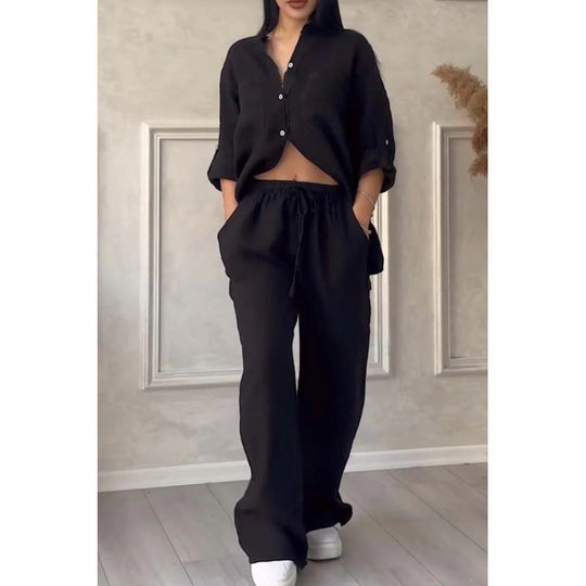 Dames Shirt en Broek Set – Linnenmix – Relaxed Fit – Wijde Pijpen – Knopsluiting Top 5
