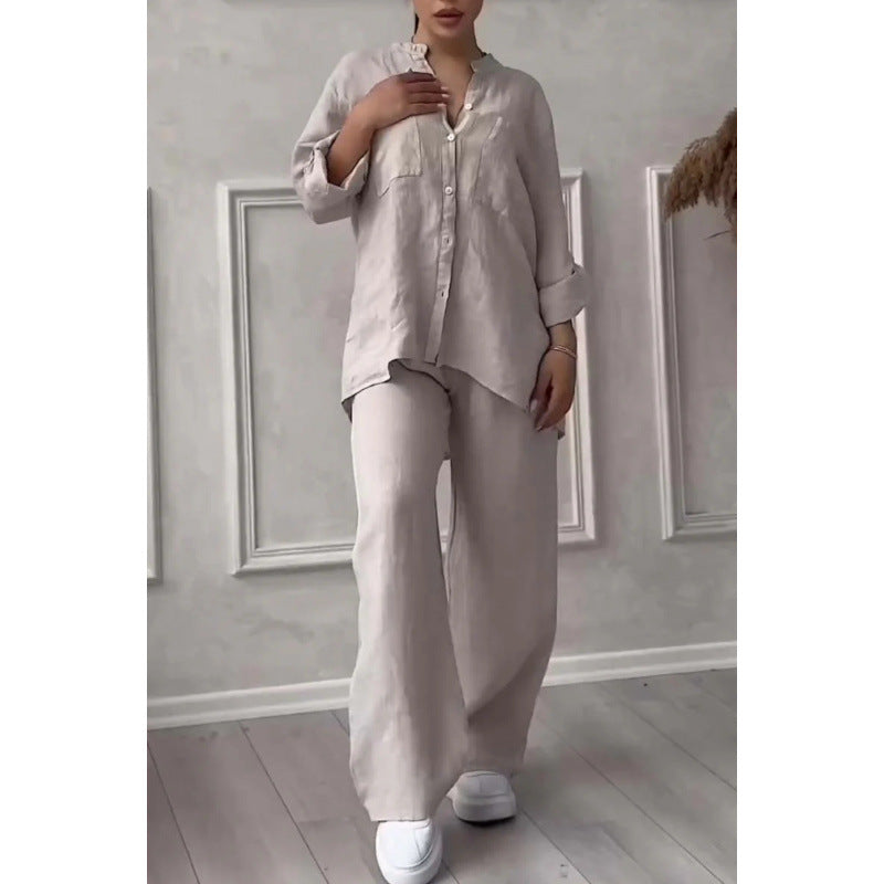 Dames Shirt en Broek Set – Linnenmix – Relaxed Fit – Wijde Pijpen – Knopsluiting Top 6