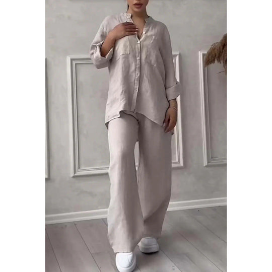 Dames Shirt en Broek Set – Linnenmix – Relaxed Fit – Wijde Pijpen – Knopsluiting Top 6