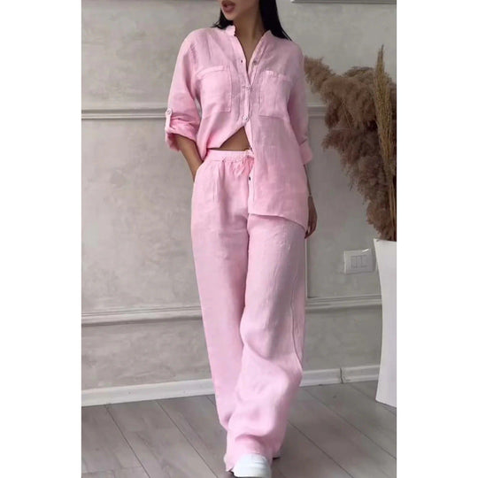 Dames Shirt en Broek Set – Linnenmix – Relaxed Fit – Wijde Pijpen – Knopsluiting Top 8