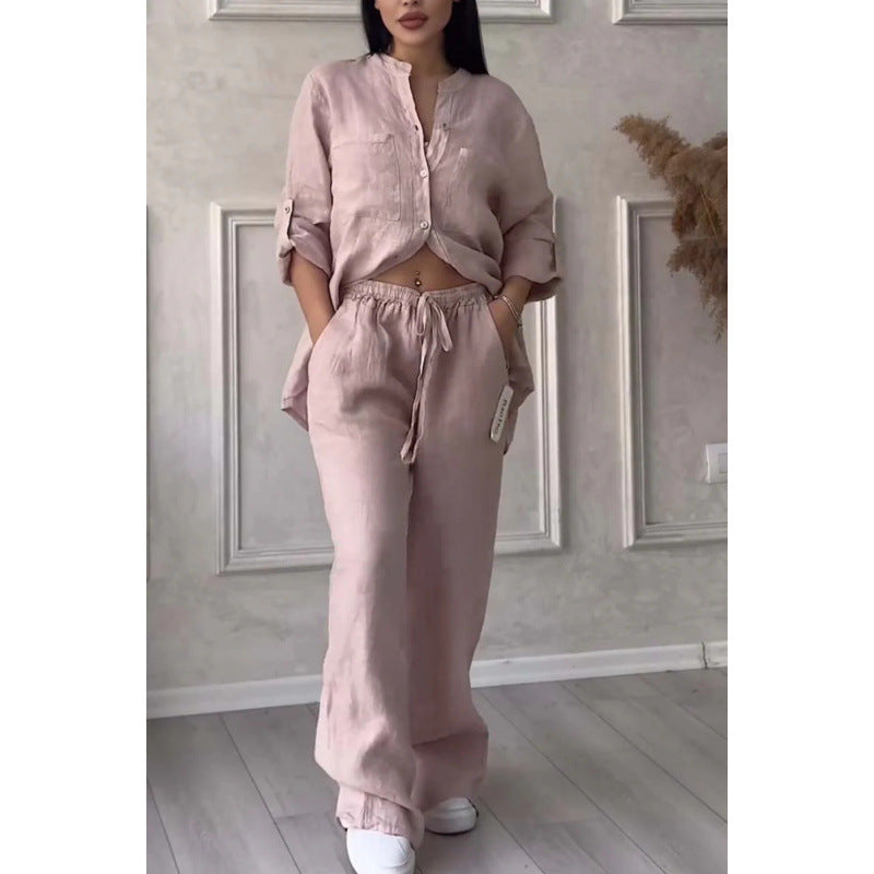 Dames Shirt en Broek Set – Linnenmix – Relaxed Fit – Wijde Pijpen – Knopsluiting Top 9