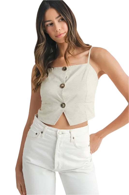 Dames Tanktop Met Knoopsluiting Van Linnenmix 0