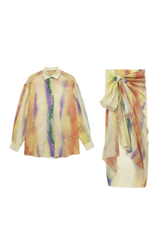Dames Tie-Dye Lange Mouwen Shirt en Geknoopte Rok Set 0