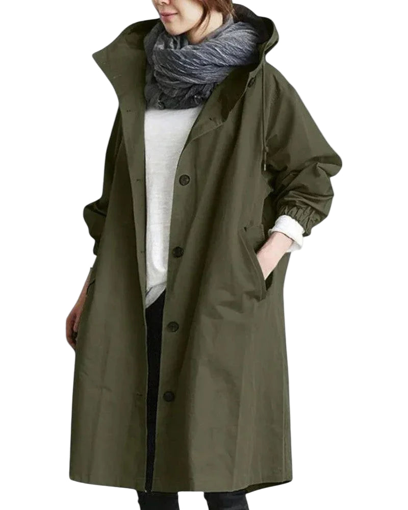 Dames Trenchcoat met Capuchon en Waterdichte Afwerking 0