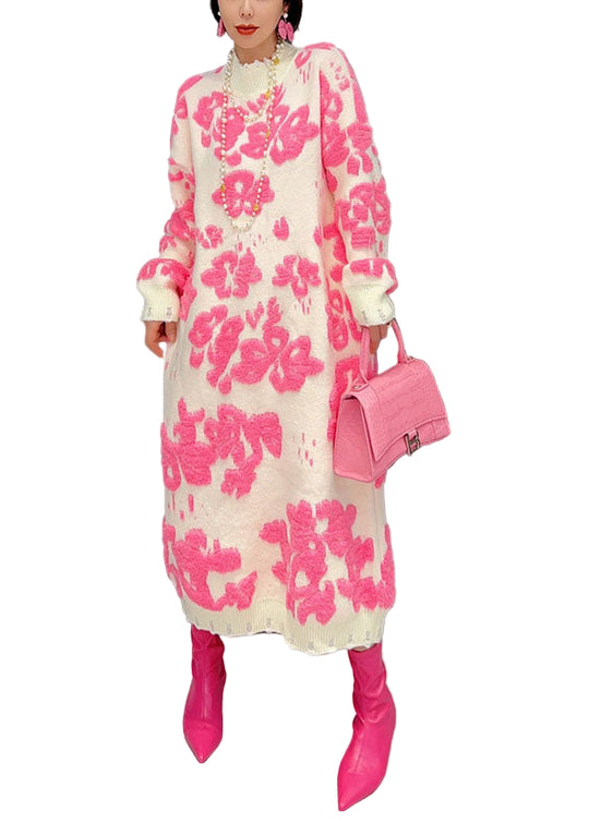 Dames Trui-Jurk Met Hoge Hals en Bloemenpatroon 0