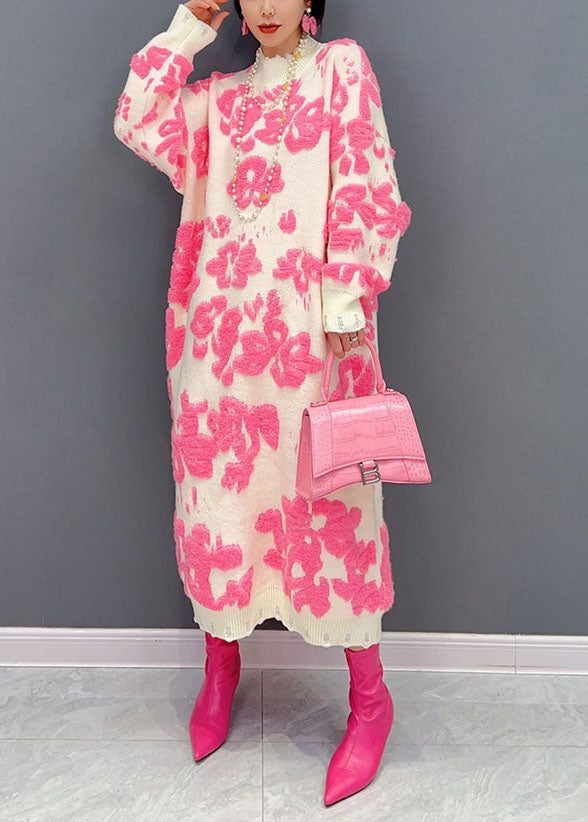 Dames Trui-Jurk Met Hoge Hals en Bloemenpatroon 1