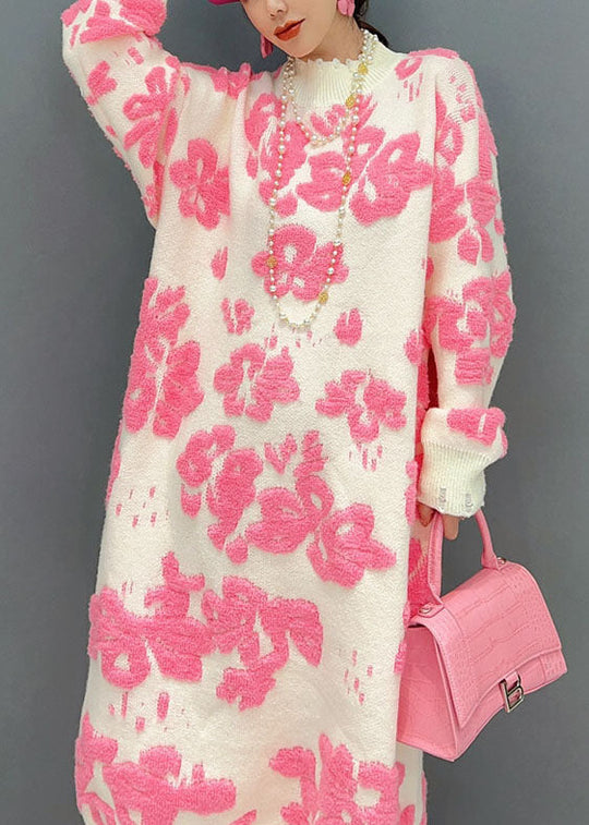 Dames Trui-Jurk Met Hoge Hals en Bloemenpatroon 4