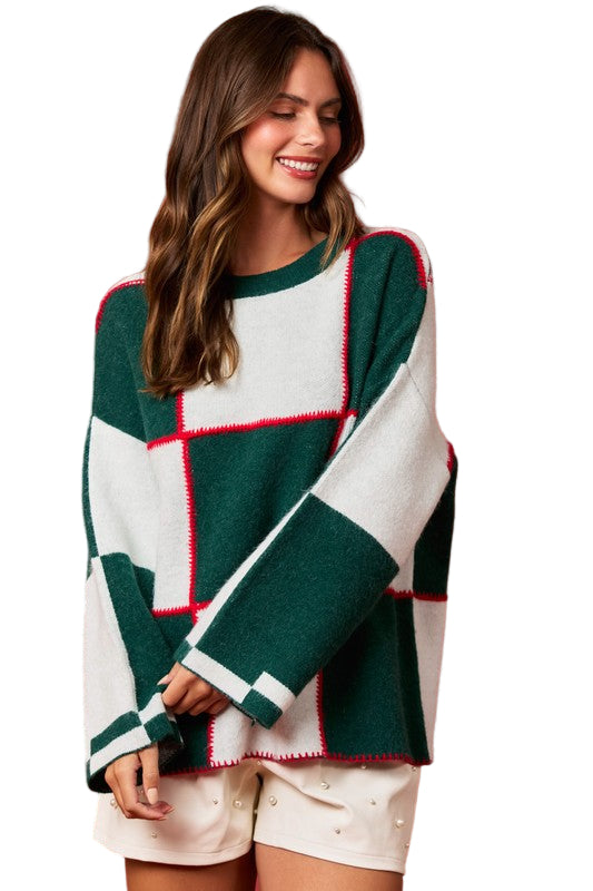 Dames Trui Kleurblok Gebreid Groen Wit 0