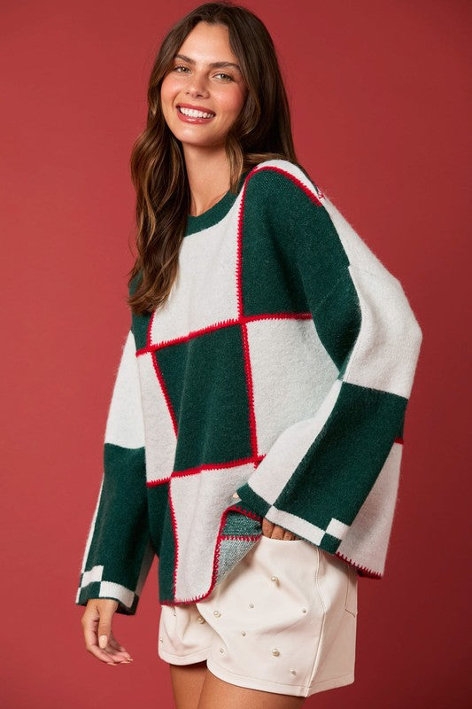 Dames Trui Kleurblok Gebreid Groen Wit 2