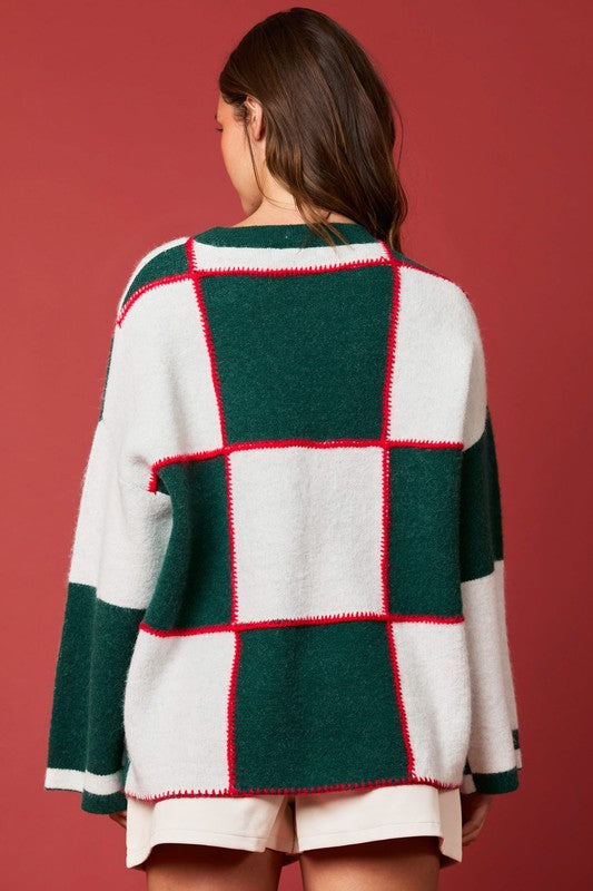 Dames Trui Kleurblok Gebreid Groen Wit 3