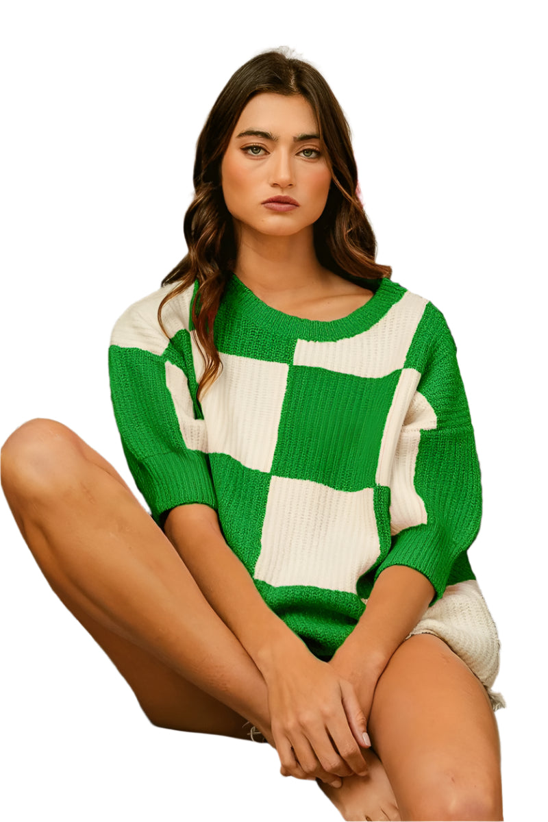 Dames Trui Ronde Hals Met Geruit Patroon 0