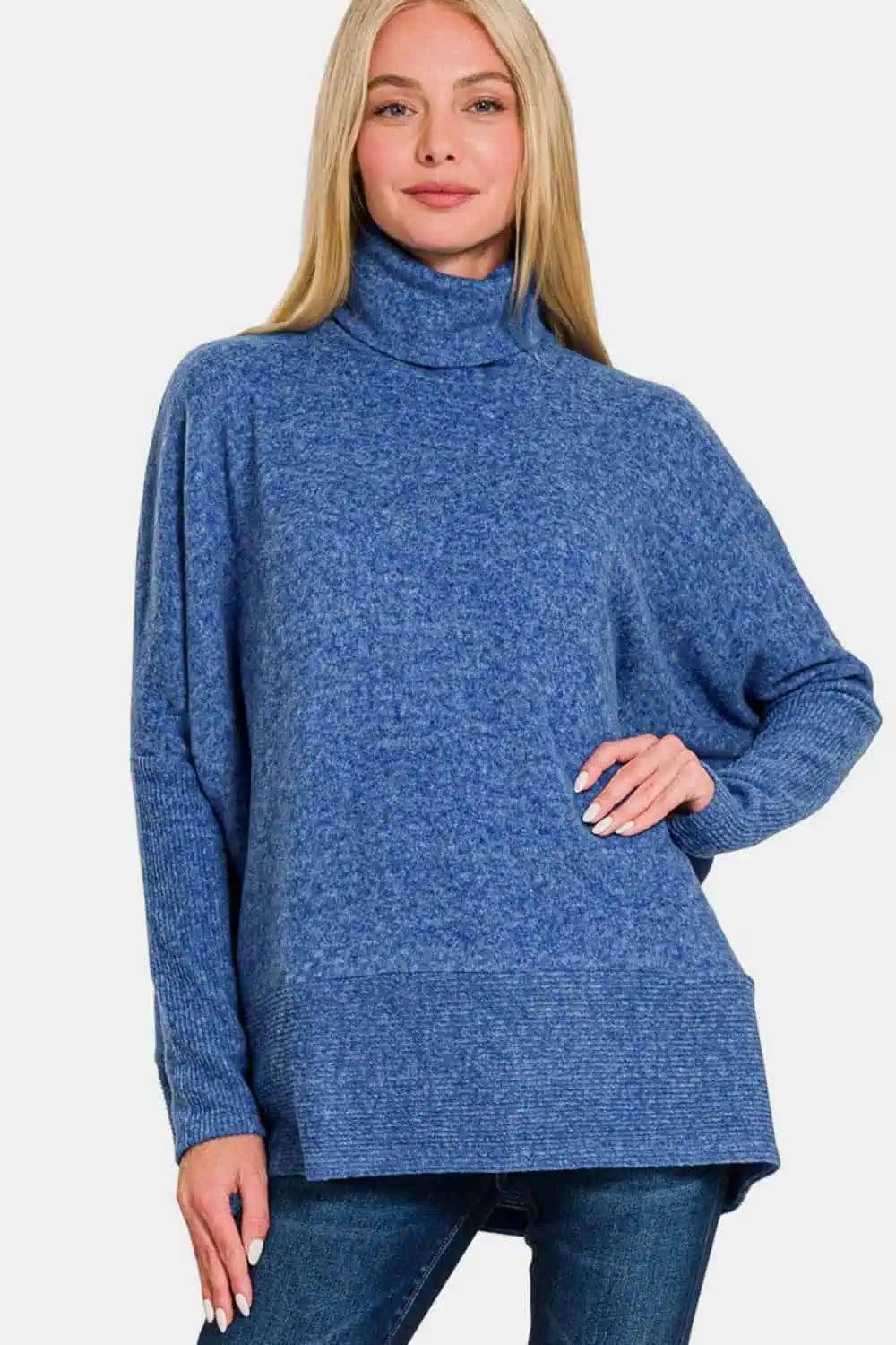 Dames Turtleneck Sweater Melange Hacci Blauw 1