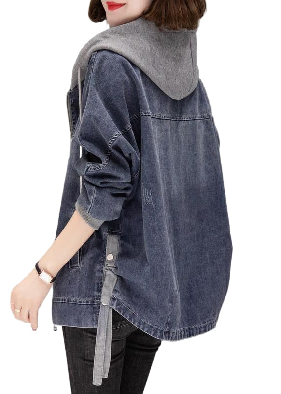 Dames Tussenjas Met Capuchon en Trekkoord, Vintage Denim Patchworkstijl 0