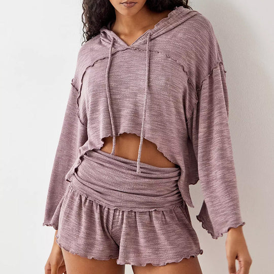 Dames Twee-Piece Set Cropped Lange Mouwen Top Hoge Taille Vloeiende Shorts 2