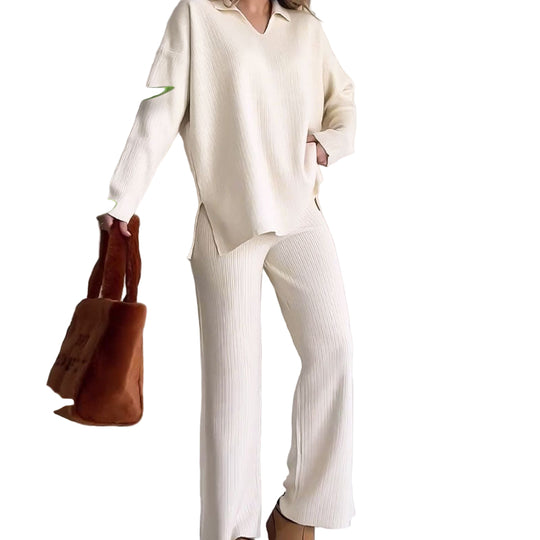 Dames Twee-delen Set V-hals Stijlvol met Brede Broek 3