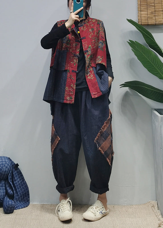 Dames Vest zonder Mouwen met Opstaande Kraag en Patchwork Print 4