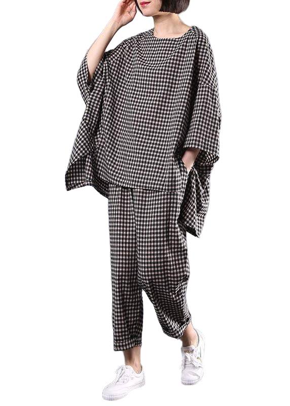 Dames Vintage Blouse en Broek Set met Geruit Patroon 0