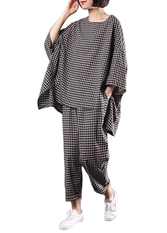 Dames Vintage Blouse en Broek Set met Geruit Patroon 0