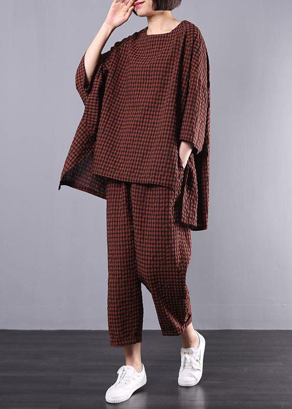 Dames Vintage Blouse en Broek Set met Geruit Patroon 1