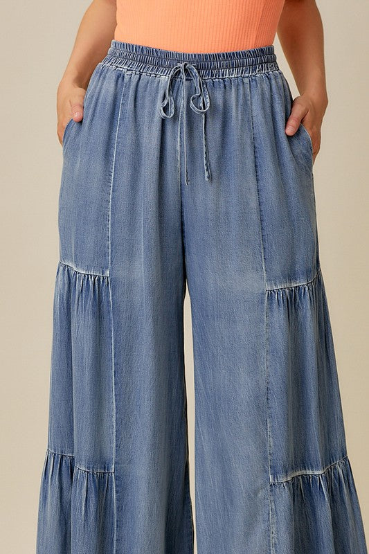 Dames Wijde Broek Met Rimpels Van Gewassen Denim 0