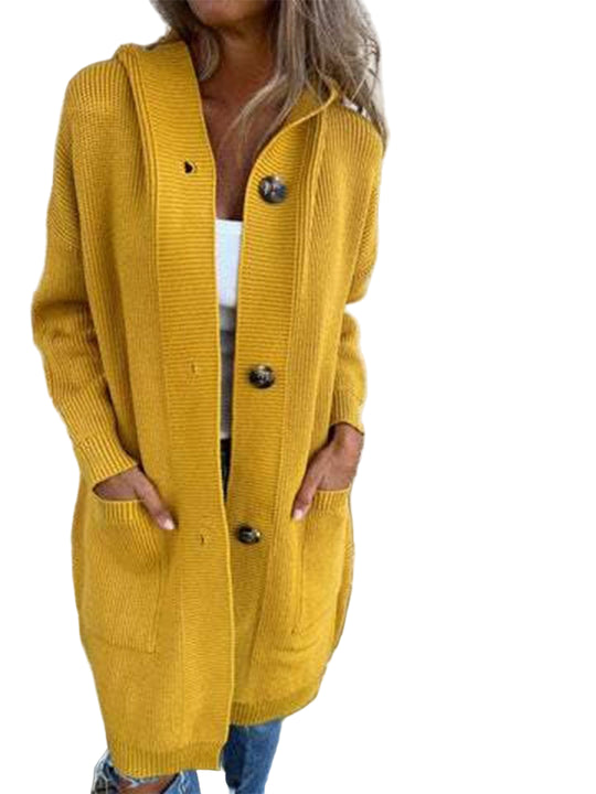 Dames Winterjas Gebreid Met Capuchon en Knoopsluiting 2