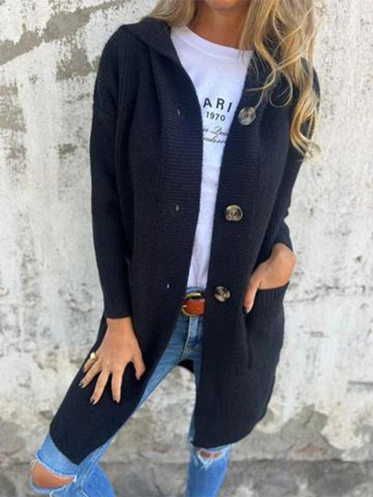 Dames Winterjas Gebreid Met Capuchon en Knoopsluiting 3