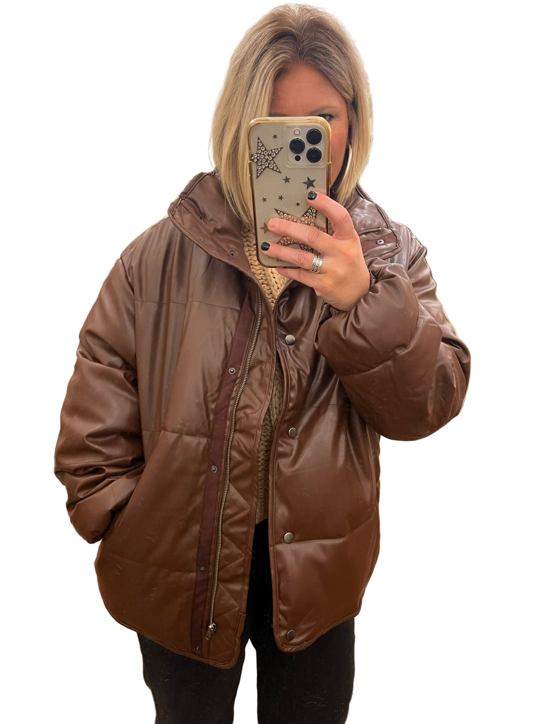 Dames Winterjas Puffer Leer Chocolade Met Ritssluiting 0