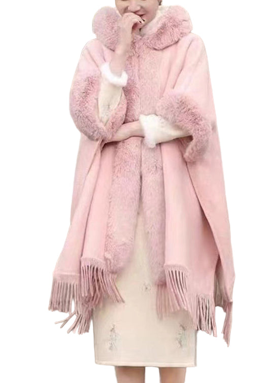 Dames Wollen Jas met Roze Bontkraag en Kwastjes 0