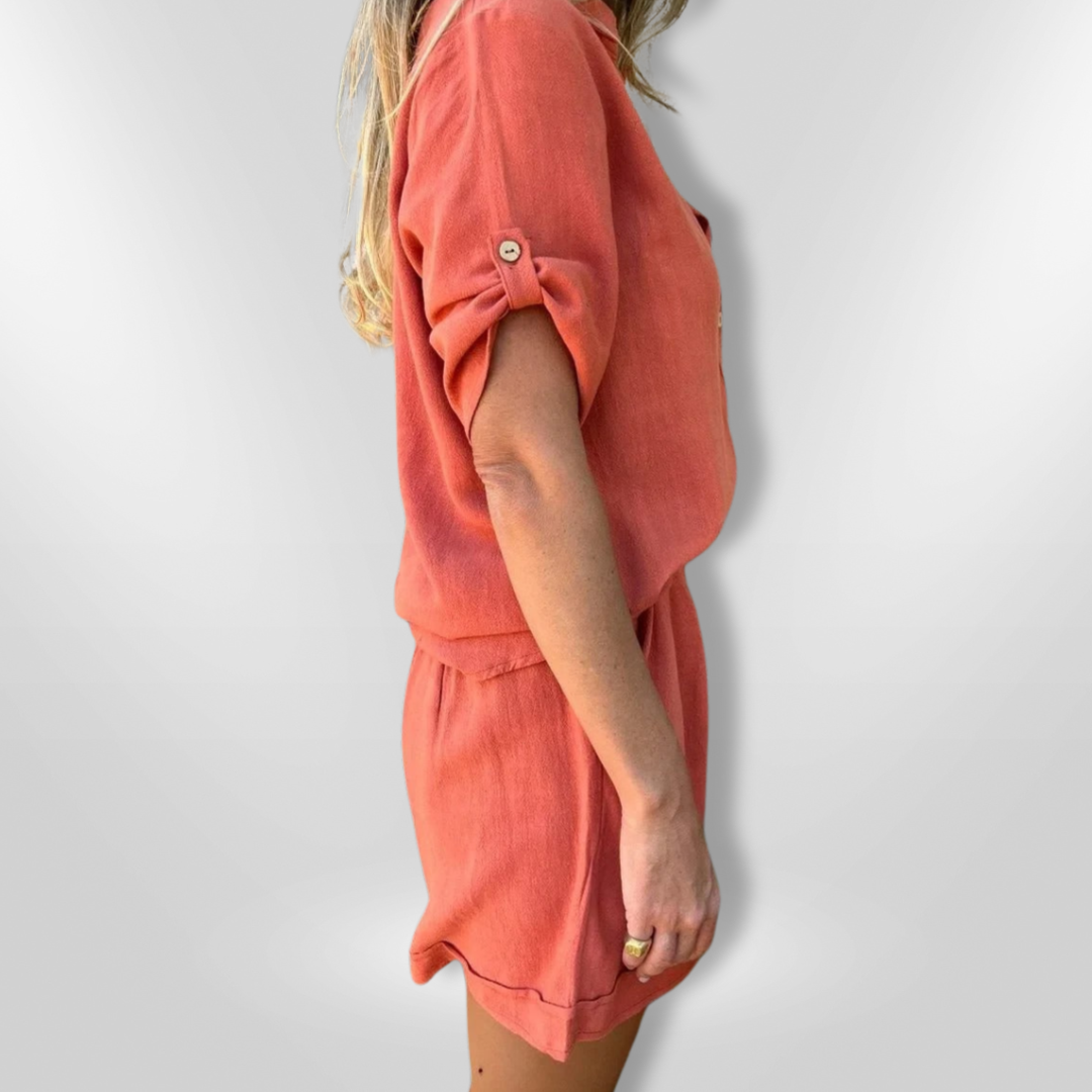 Dames Zomer Set Knoopbare Blouse en Shorts Ademend Katoenmix 1