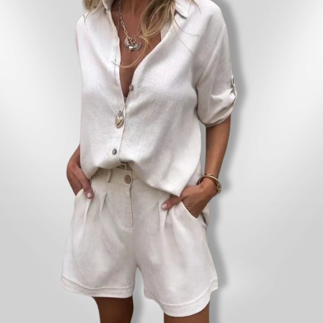 Dames Zomer Set Knoopbare Blouse en Shorts Ademend Katoenmix 2