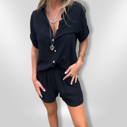 Dames Zomer Set Knoopbare Blouse en Shorts Ademend Katoenmix 4
